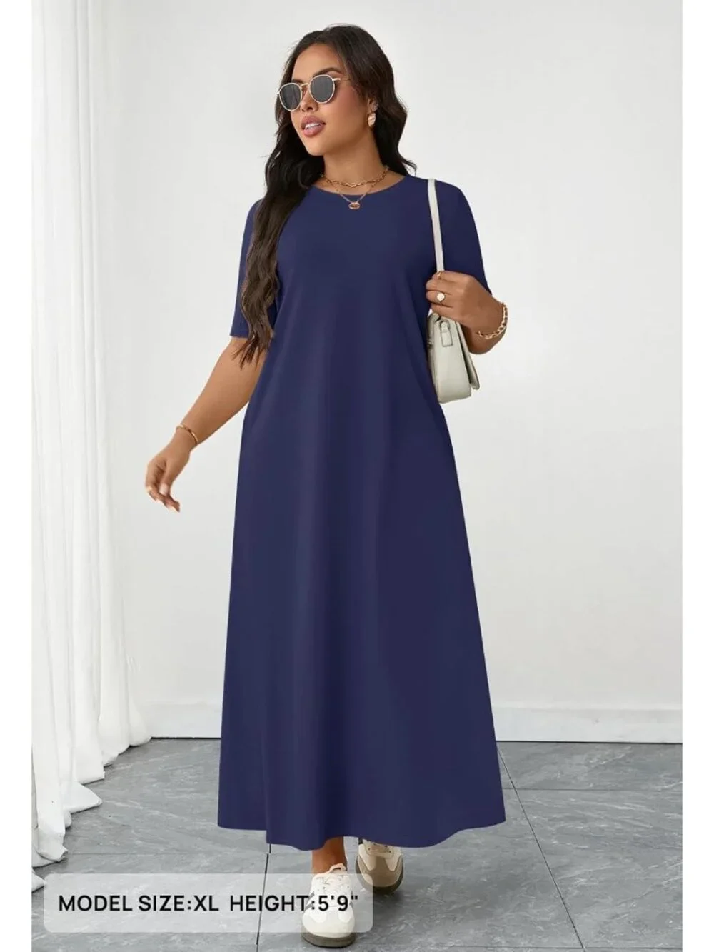 Women's Navy Summer Casual Maxi Dress Vacation Crew Neck Short Sleeve Dress - Picture 2 of 6
